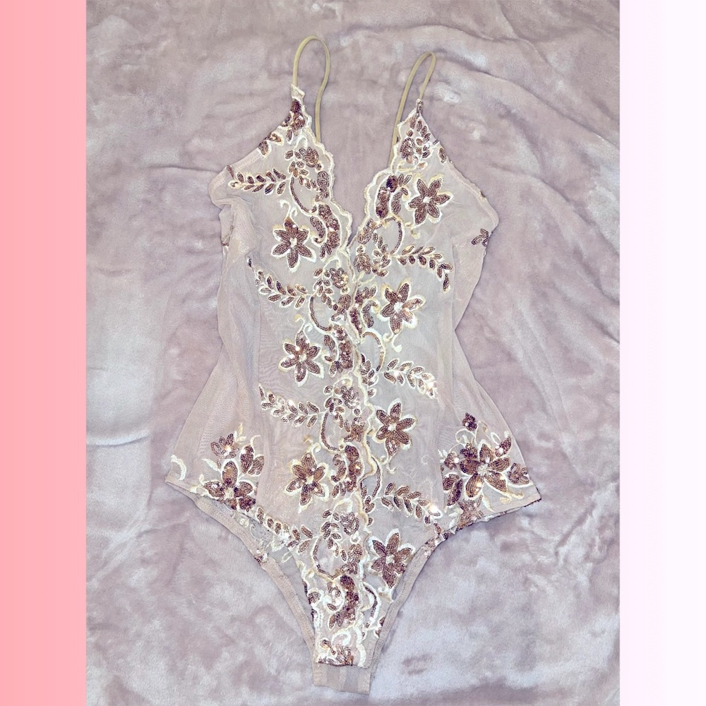 NEW! Rose Gold Floral Mesh Bodysuit